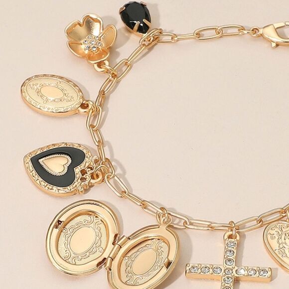 Gold Paperclip Chain Dangle Crystal Cross Coin Heart Oval Locket Charm Bracelet - Picture 3 of 5